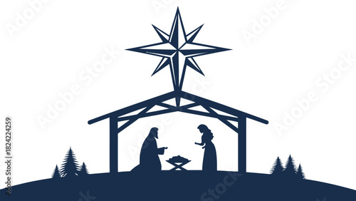 Silent night holy night nativity scene icon, Christmas story with Mary Joseph and baby Jesus silhouette