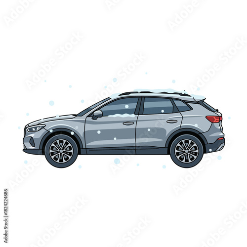 Metallic Grey Winter Crossover Car Vector with Snow Dust and Black Outlines