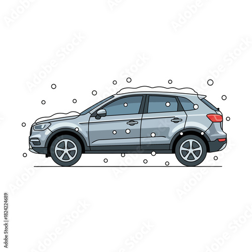 Metallic Grey Winter Crossover Car Vector with Snow Dust and Black Outlines