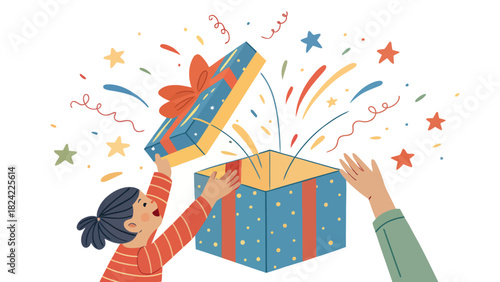 Excited children opening magical birthday present with confetti and stars for family celebration