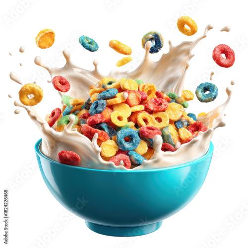Colorful cereal rings milk splash bowl breakfast fruit loops style vibrant playful