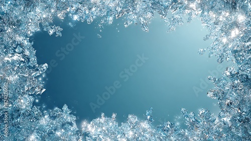 Close-up of frosty snowflakes forming icy border on blue background