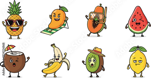 Cute Cartoon Fruits Characters Enjoying Summer Vacation Activities.