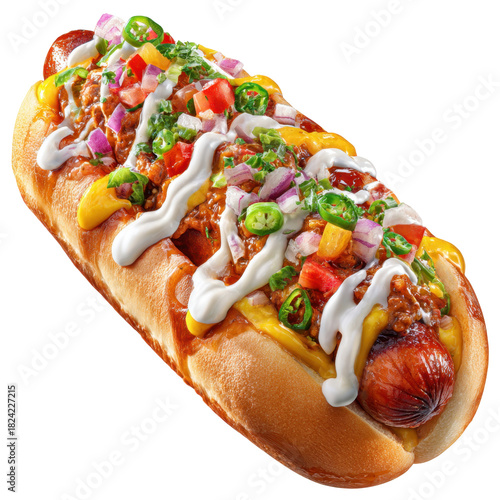 Loaded hot dog topped with chili, melted cheese, sour cream, jalapeno and diced onion creating bold savory indulgence