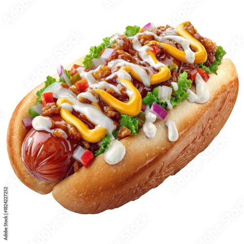 Chili hot dog with mustard and sour cream, lettuce, chopped onion, and diced pepper