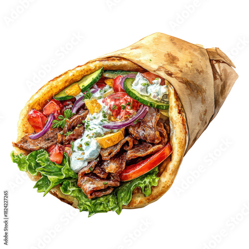 Grilled meat wrap flatbread tzatziki lettuce tomato cucumber red onion parsley roasted pepper gyro Mediterranean