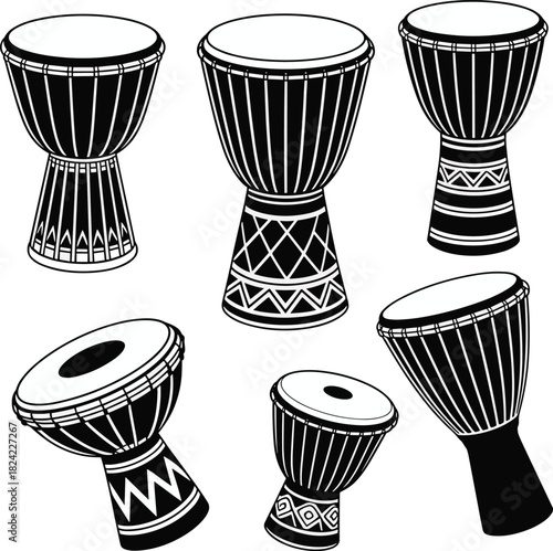African djembe drum collection, traditional percussion instrument set, ethnic hand drum illustrations, cultural music artwork, tribal rhythm vector design