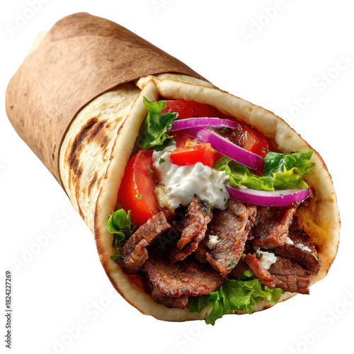 Juicy grilled meat wrap with fresh tomato, lettuce, red onion and creamy sauce, savory street food ready to eat