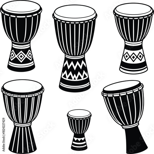 African drum collection, djembe silhouettes, tribal percussion art, traditional rhythm instruments, ethnic music vector set, West African culture design