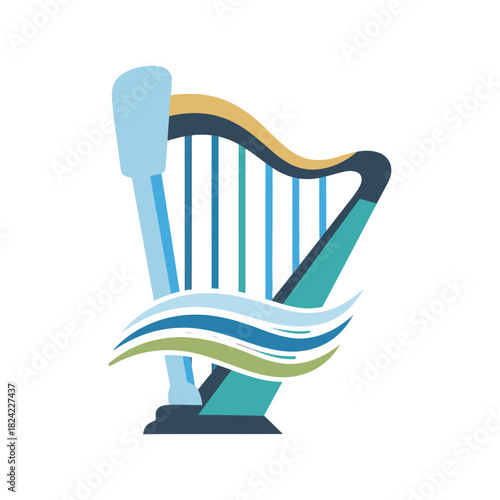A stylized harp graphic with light blue strings and wave-like design.