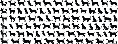 Collection of dog silhouettes in various poses, standing walking sitting running playful canine shapes, pet illustration set, black animal outlines