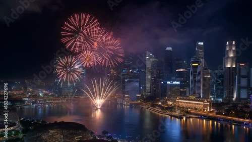Night city celebration fireworks over modern skyline with sparkling reflections on water creating festive atmosphere for holiday event backgrounds