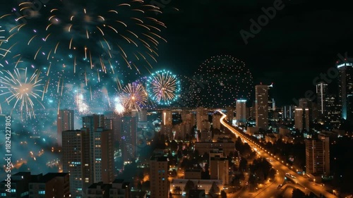 Fireworks illuminating the night city skyline with vibrant colorful bursts creating a festive celebration atmosphere and bright urban nightlife background