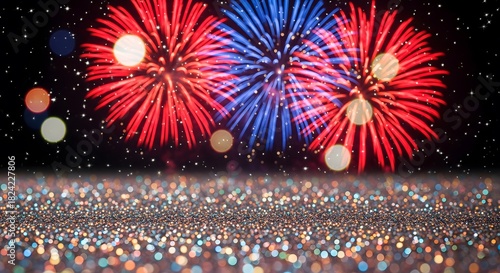 Vibrant and festive image featuring red and blue fireworks exploding against a dark night sky with a foreground covered in sparkling glitter and bokeh lights