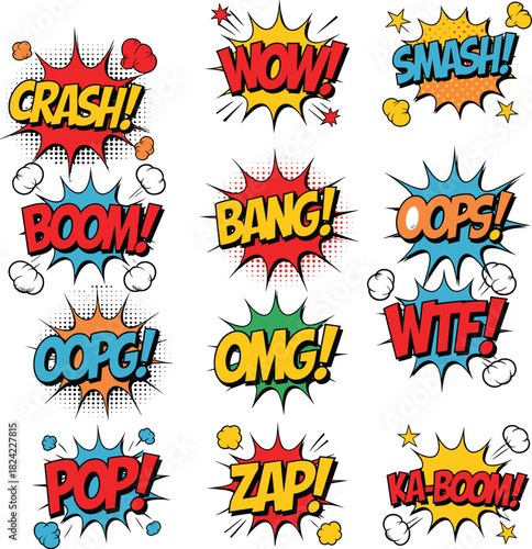Colorful comic text explosions, pop art sound effects, cartoon speech bubbles, dynamic action words, retro comic style graphic illustration design