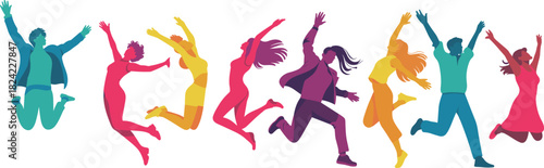 Colorful jumping people illustration, vibrant celebration silhouettes in motion, energetic group artwork for design, happy dynamic human figures collection