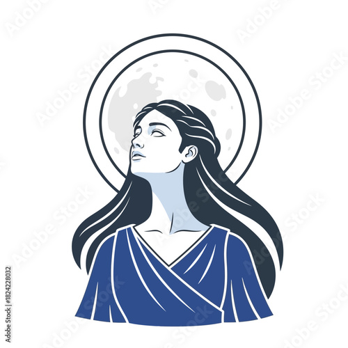 Woman with long hair looks up at a moon or circle behind her.