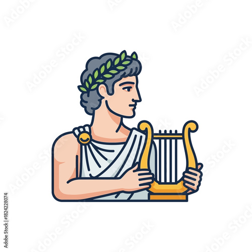 Man with laurel wreath holding a lyre musical instrument in his hands.