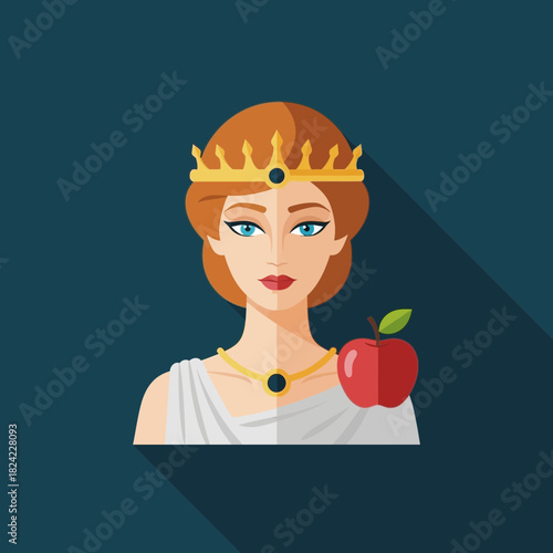 Woman with crown and necklace holding a red apple flat vector illustration.