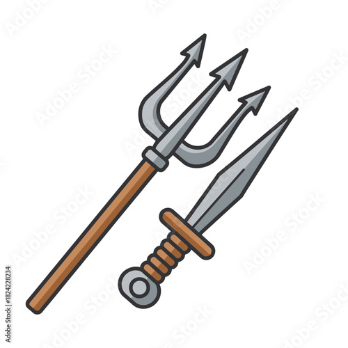 Trident and dagger illustration with brown handles and silver blades.