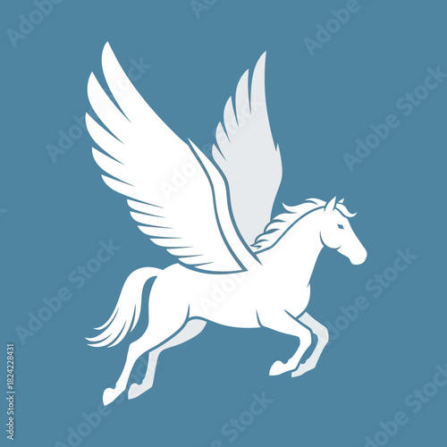 White pegasus with large wings flying upward horse mythical creature illustration.
