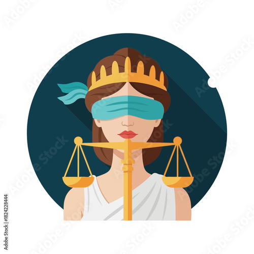 Woman with blindfold holding scales of justice wearing a crown.