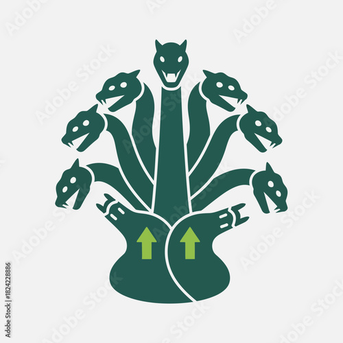 Stylized hydra monster with multiple heads and upward pointing arrows design.