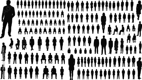 Large collection of human silhouettes, standing and sitting people in various poses, diverse figure illustration set for design and creative artwork