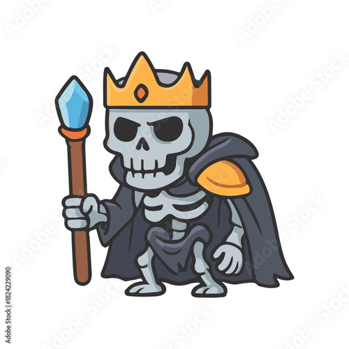Skeleton king with crown and staff. Undead ruler in dark cloak. Fantasy skeleton boss character.