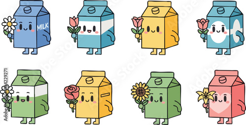 Cute kawaii milk box character set with different flowers illustration.