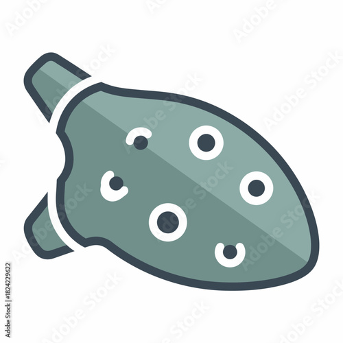 Gray ocarina with finger holes and a mouthpiece musical instrument illustration.