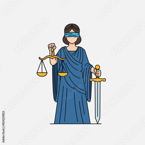 Lady justice figure holding scales and sword wearing a blindfold.
