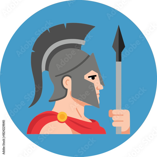 Warrior wearing helmet and cape holding spear in profile illustration.