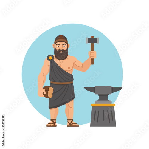 Bearded man holds hammer and book standing near anvil in simple style.