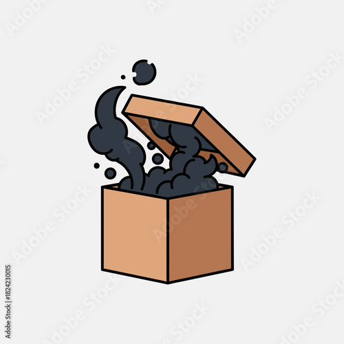 Open cardboard box with dark smoke or substance rising from it.