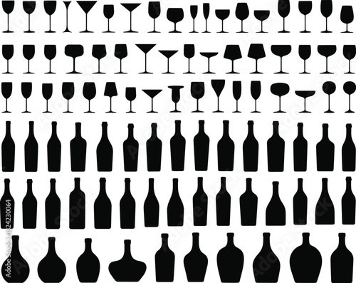 Silhouettes of bottles and drinking glasses, wine and cocktail shapes, barware collection, black vector icons, beverage container design set