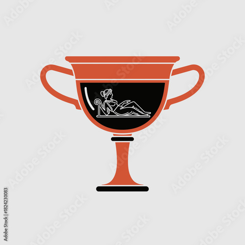 Orange cup with handles and black band depicting a reclining figure.