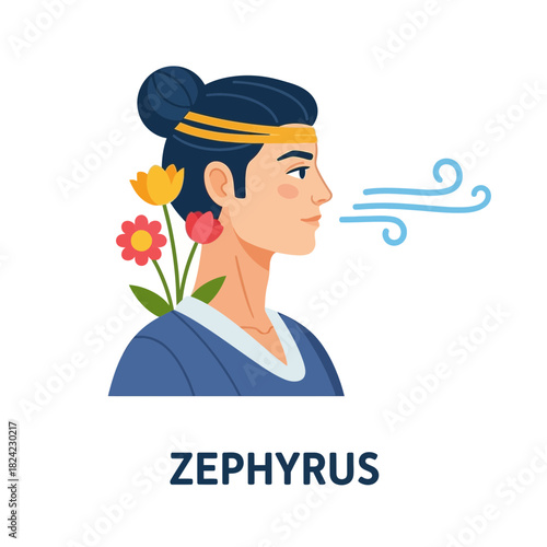 Person blows wind flowers behind ear wears headband and blue top.