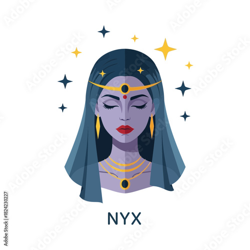 Woman with blue skin and hair wearing jewelry surrounded by stars.