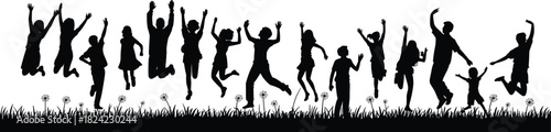 Silhouettes of people and kids jumping in nature, joyful group celebration scene, energetic human figures illustration for outdoor happiness artwork