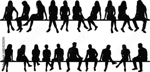 Silhouettes of people sitting on bench, group of men and women in relaxed poses, human figures collection for design elements