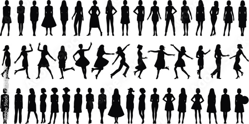 Women silhouettes collection featuring standing and dancing poses, elegant female figure illustration set for fashion design and creative artwork elements