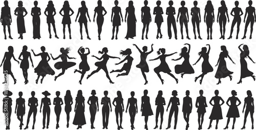 Women silhouettes collection featuring standing walking dancing poses, elegant female figure illustration set for fashion design, creative artwork elements