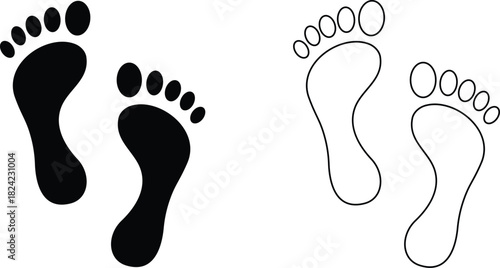 Footprint vector Icons set solid and outline foot symbols in black and white, Representing Steps, movement, Identity, Tracking, and Direction.