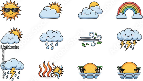 Cute Weather Icons Collection for Forecasting and Education.