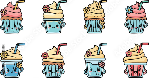 Delightful cupcakes with cream and flowers in various colors and designs.