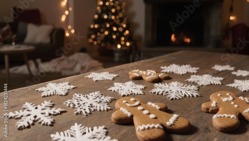 Holiday scene with gingerbread men & snowflake decor on a rustic table with a cozy fireplace
