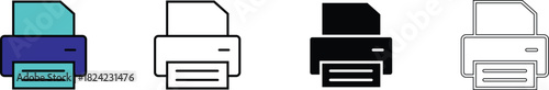 Printer Icon set in modern outline style for digital Interfaces, Office supplies, and Tech presentations.