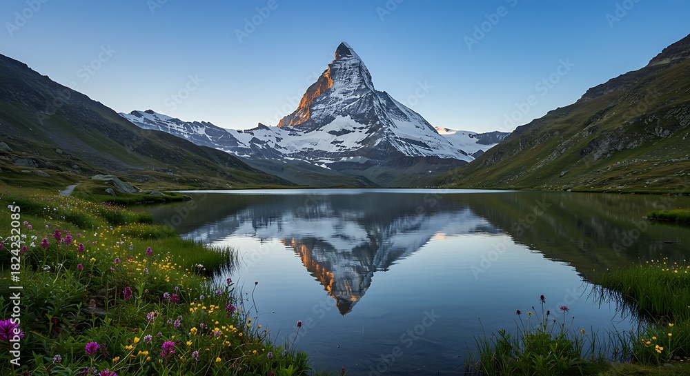 Fototapeta premium Majestic matterhorn reflected in a serene alpine lake with wildflowers