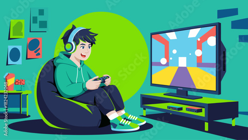 boy playing a video game in his room sitting on a beanbag chair